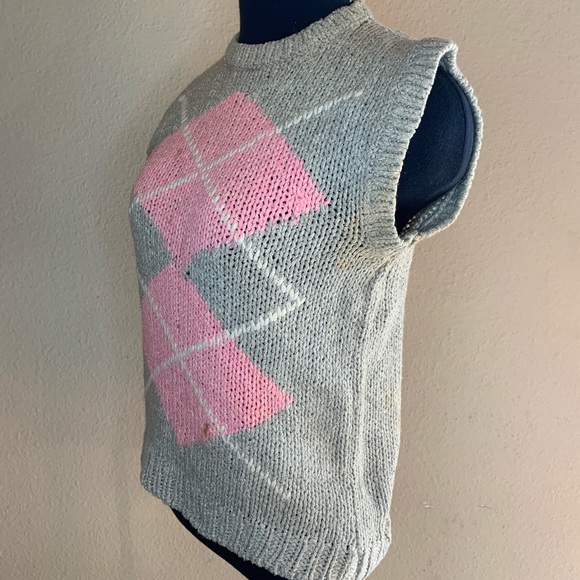 Silk blend Sweater Vest Vintage 1980s Argyle Pink Green Tan Crewneck Style - Picture 4 of 8